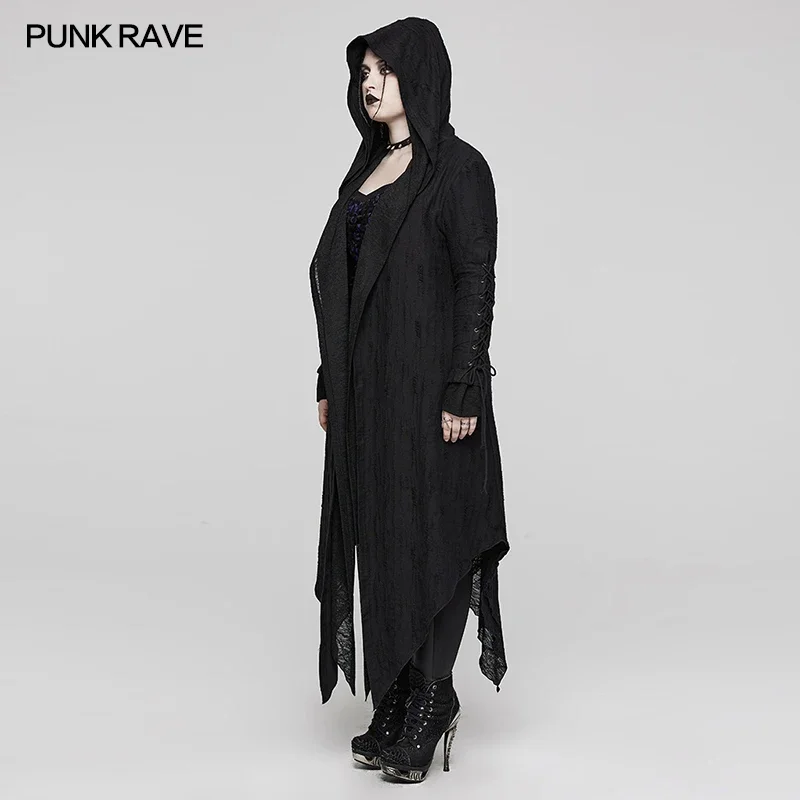 PUNK RAVE Women's Gothic Decadent Layered Fully Open Long Coat Double  Hooded Casual Black Women Clothes Autumn/winter