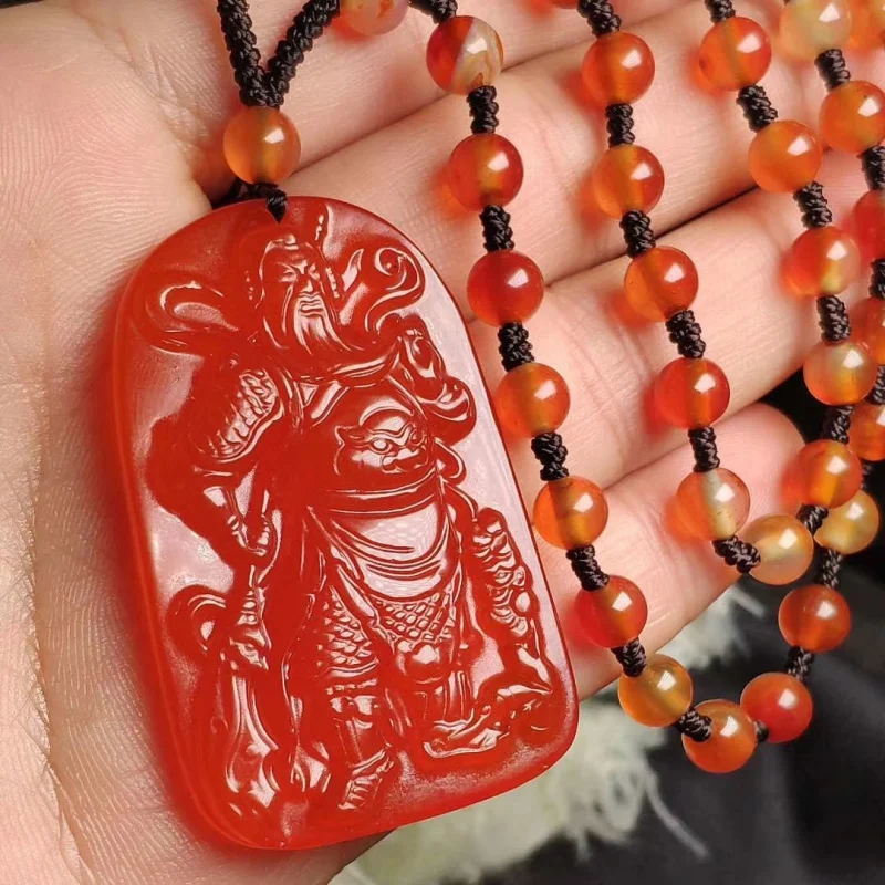 chalcedony , red agate martial god of wealth , Guan Gong necklace , sweater chain pendant