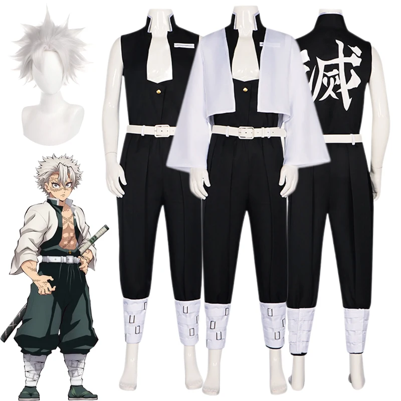 Disfraz de Cosplay de Anime Shinazugawa Sanemi, Peluca Sanemi Kokyuu, Kimono, Uniforme de Equipo, Abrigo Blanco, Top Negro, Traje de Carnaval de Halloween para Hombre