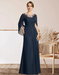 LinasBridal Women's Mother Of The Bride Dresses A-Line Floor Length Wedding Guest Dresses With Pleats Applique   &Sequins