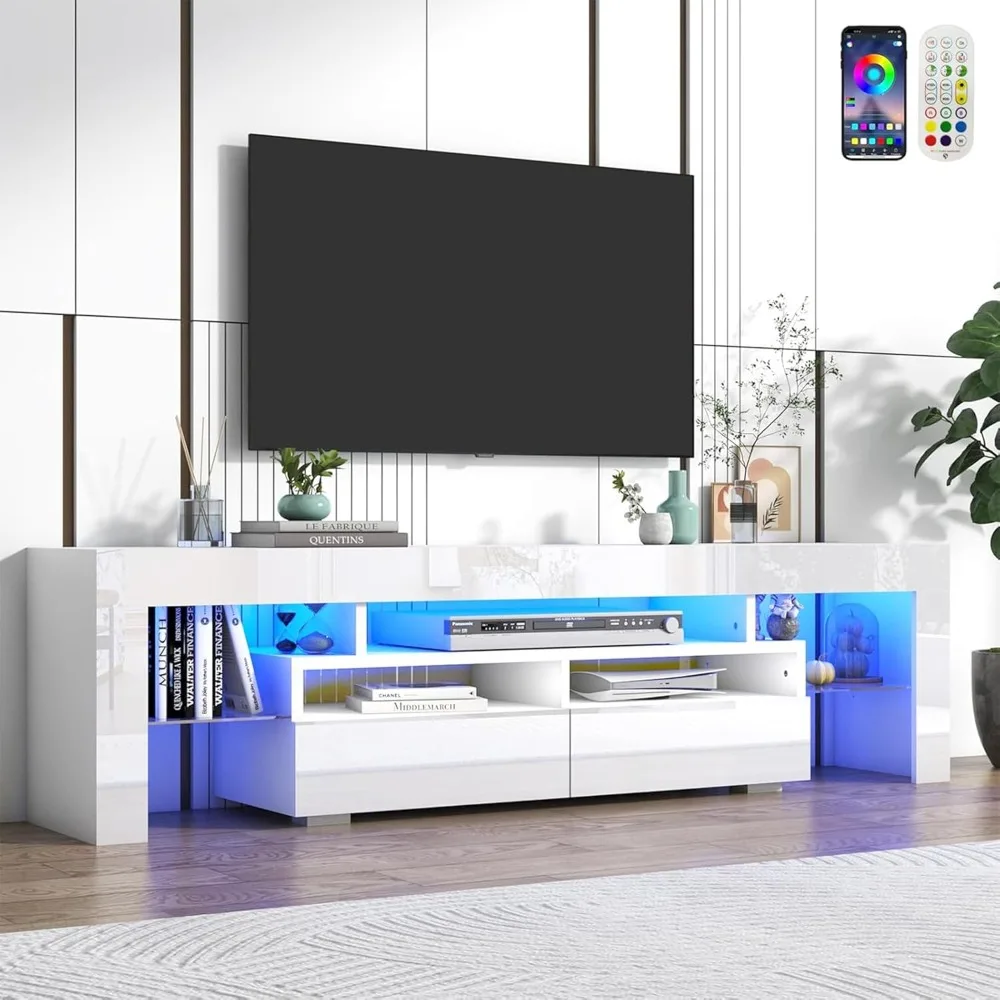 70in LED TV Stand for 75/80/85 inch TV,Modern White TV Stands for Living Room,High Gloss TVs Entertainment Center, Customized