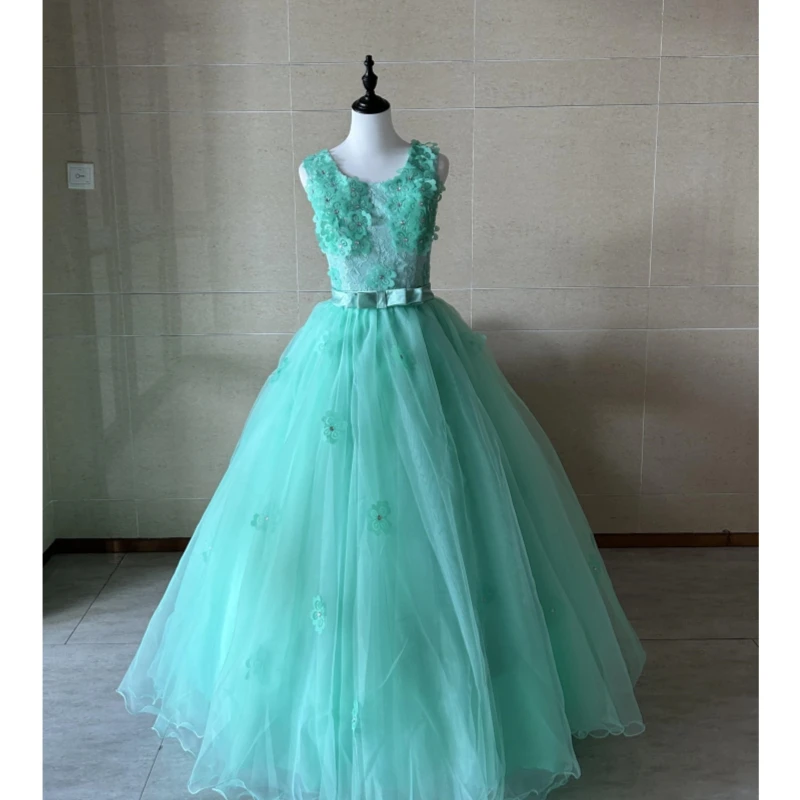 Dulce Vestido De quinceañera sin mangas con cuello redondo, Vestido De flores con lentejuelas De encaje, ilusión De depurador, largo hasta el suelo, 15