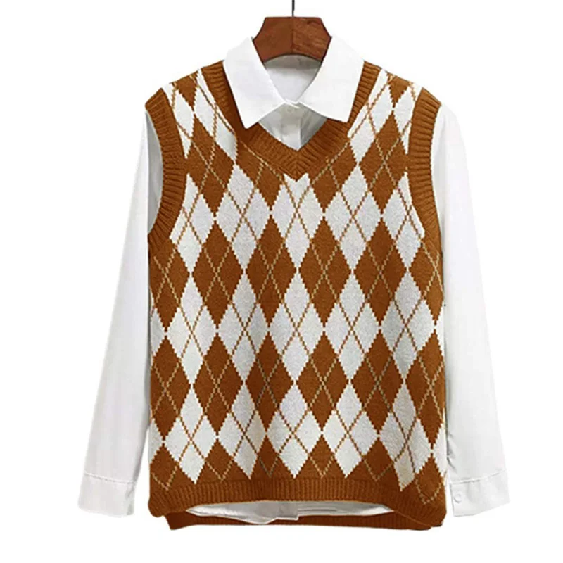 Women Sweater Vest Top Spring Autumn Fashion Loose Fit Argyle Pullover Knitting Vest Women Sleeveless V-neck Hollow Out Vest