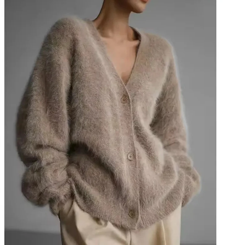

Female V-neck Loose Ladies Knitted Top Autumn Winter Women Cardigan Sweater 2025 Imitation Mink Fur Versatile