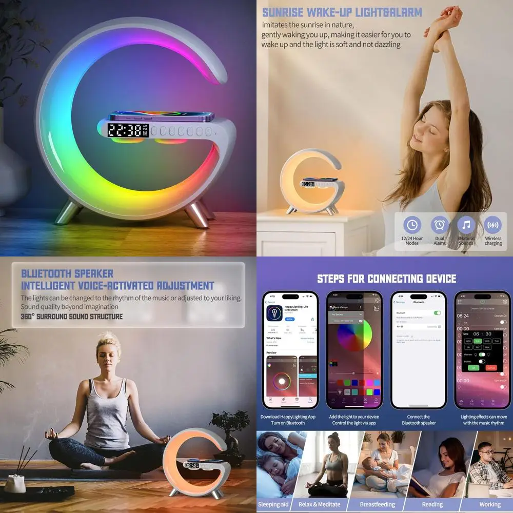 

Wireless Charging Speaker Lamp with RGB Night Light, Alarm Clock, and App Control - White