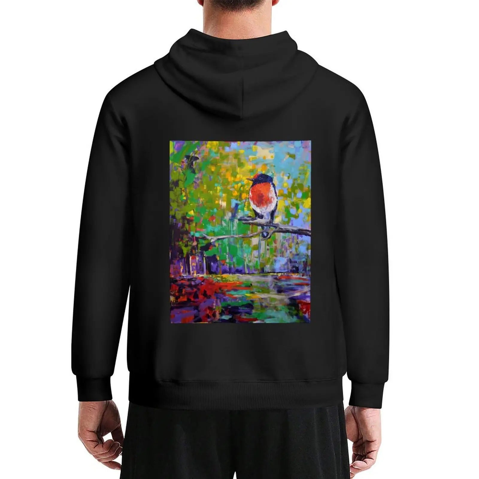 

Red Crested Robin in Paradise, expressive painting. Hoodie mens clothing autumn clothes aesthetic clothing new in hoodies