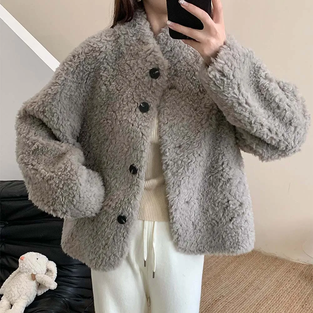 معاطف فرو صوف الضأن الكورية للنساء بأكمام طويلة سترة عتيقة لخريف وشتاء كل مباراة سميكة ودافئة ملابس خارجية Preppy