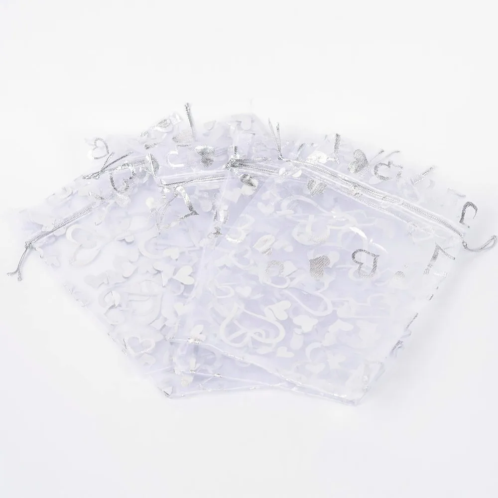 

100pcs Heart Printed Organza Bags Gift Bags Rectangle White 18x13cm