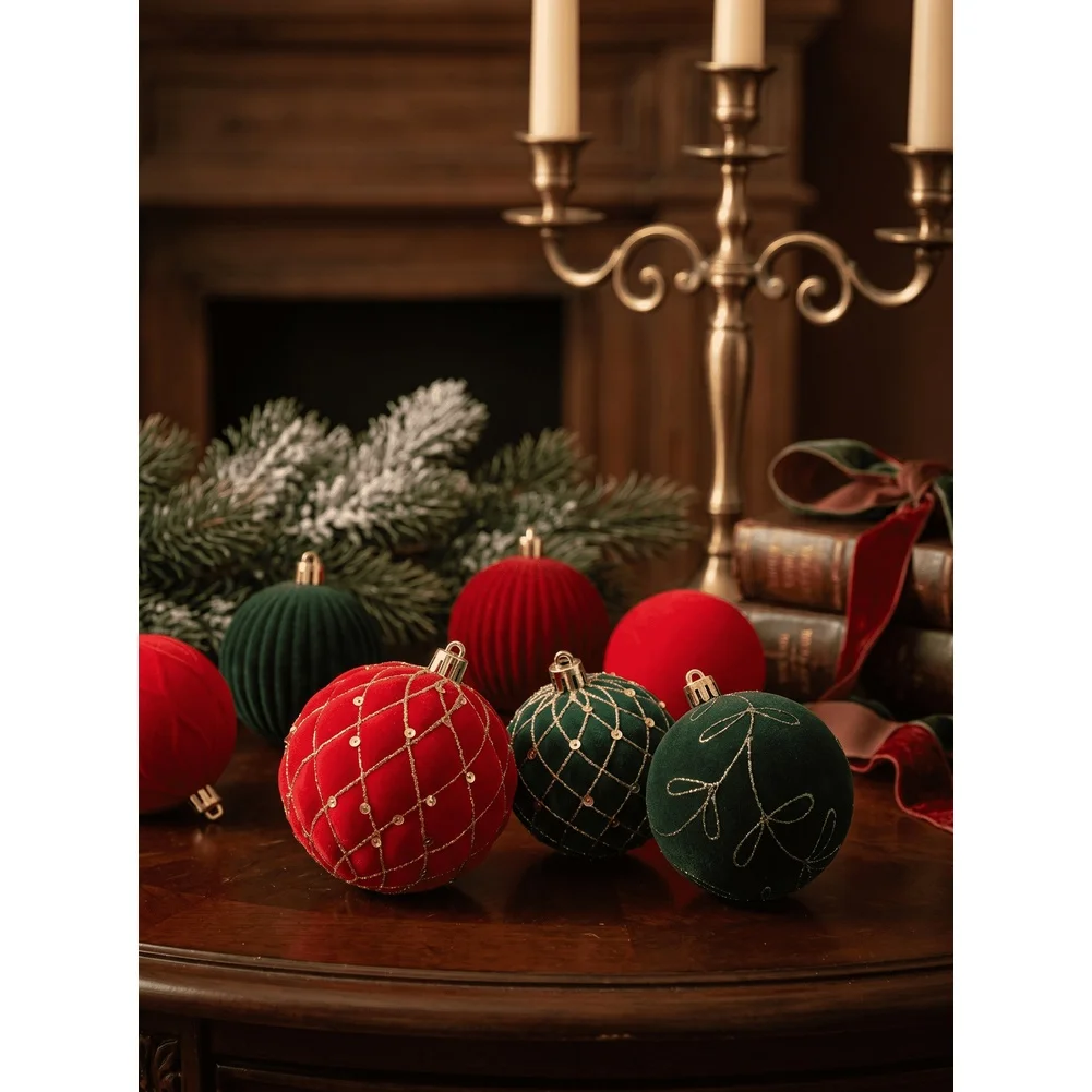 44pcs For Red Green Flocked Christmas Ball Ornaments Set For Velvet Finish For Glitter Vine Embossed Design For Holiday Tree