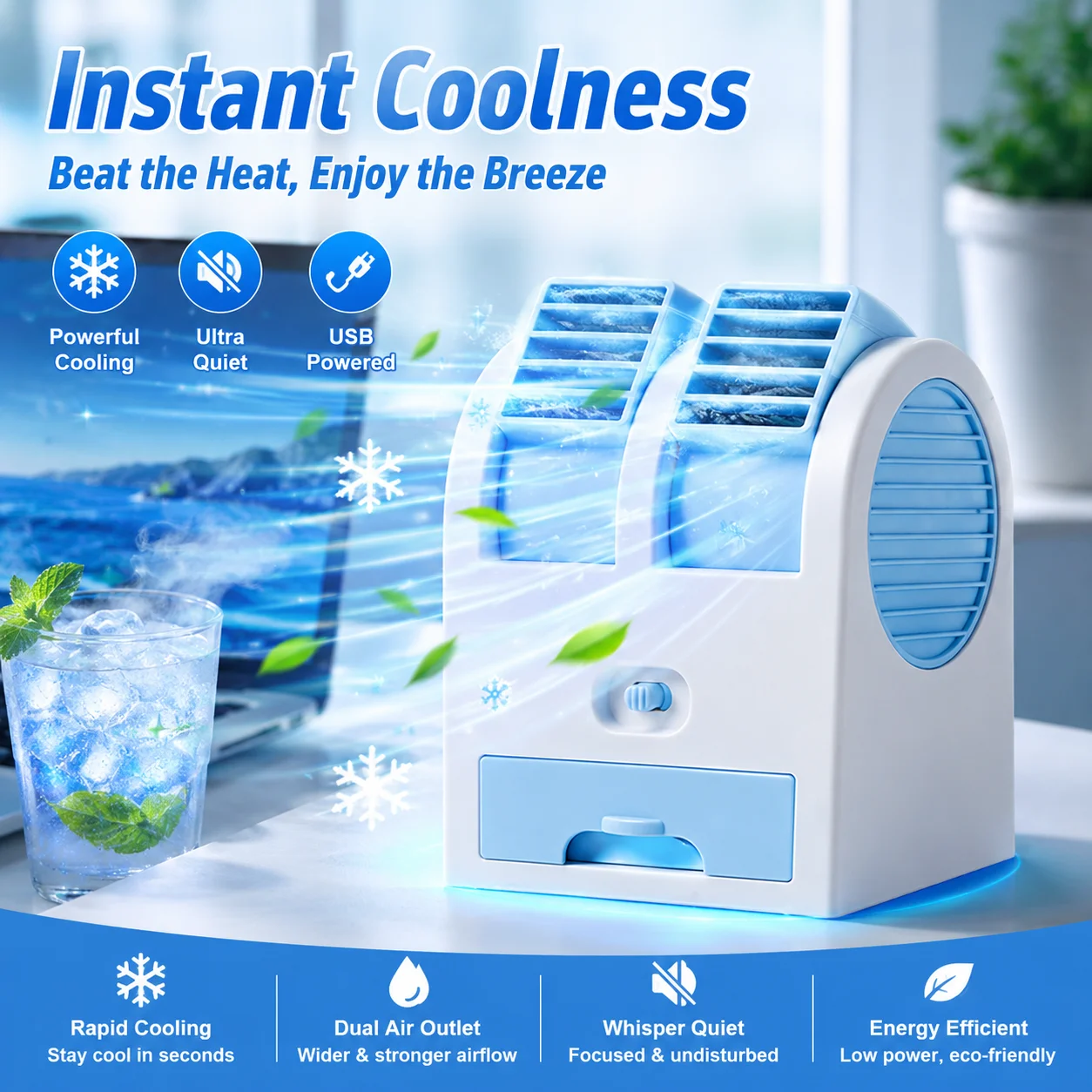 USB Desktop Mini Air Cooler Dual Port Strong Cooling Fan Portable Household Office Dorm Student Quiet Rechargeable Small Table F