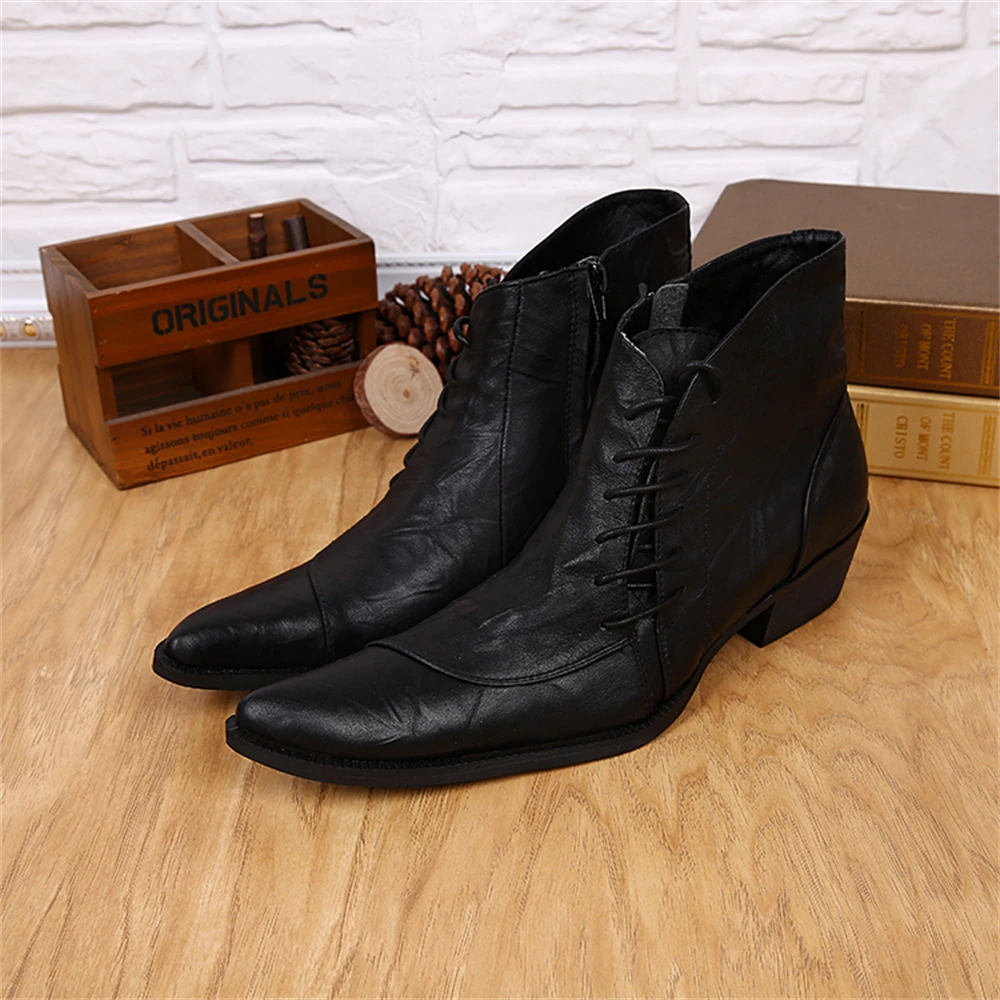 

Black Zipper Cross-Tied Genuine Leather High Heels Pointed Toe Boots Male Plus Size Party Business British Style Dress Shoes