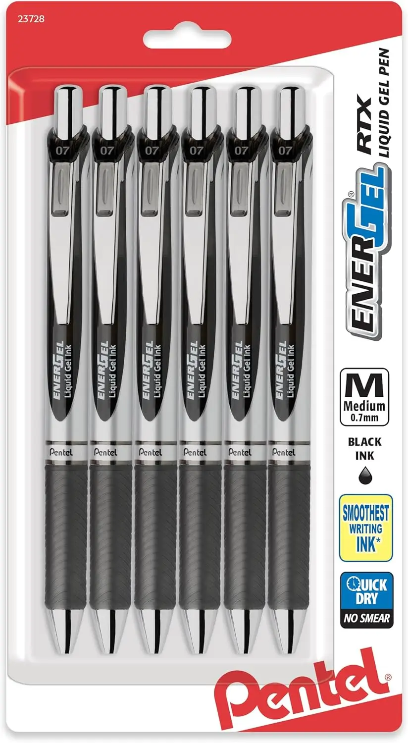 

Retractable Liquid Gel Pen, 0.7mm Medium Line, Metal Tip, Black Ink, Pack of 6 Pens