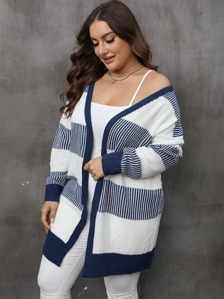 GIBSIE Plus Size Women\'s Cardigan Contrasting Color Striped Open Front Knitted Sweater Fall Winter Casual Long Cardigan Coat