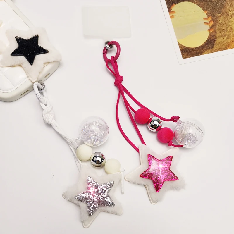 Mobile Phone Lanyard Pentagonal Star Tag Key with Universal Clip Phone Anti Loss Lanyard Colorful Sequins Quicksand Ball Pendant