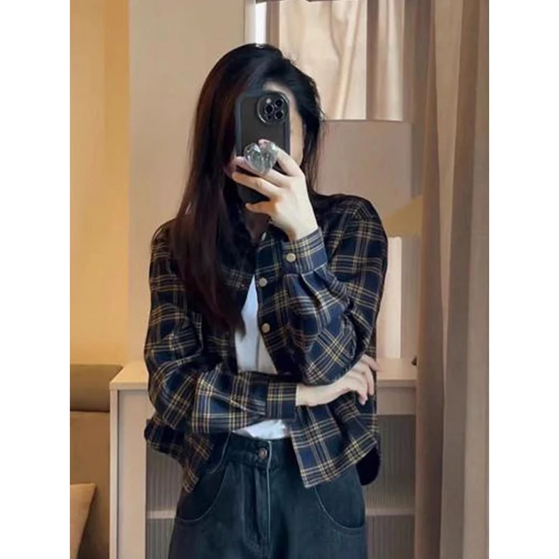 

Women's Plaid Long Sve irt Spring Faion Loose ort Collar Cardigan Korean Sle Commute Wind Outerwear Top