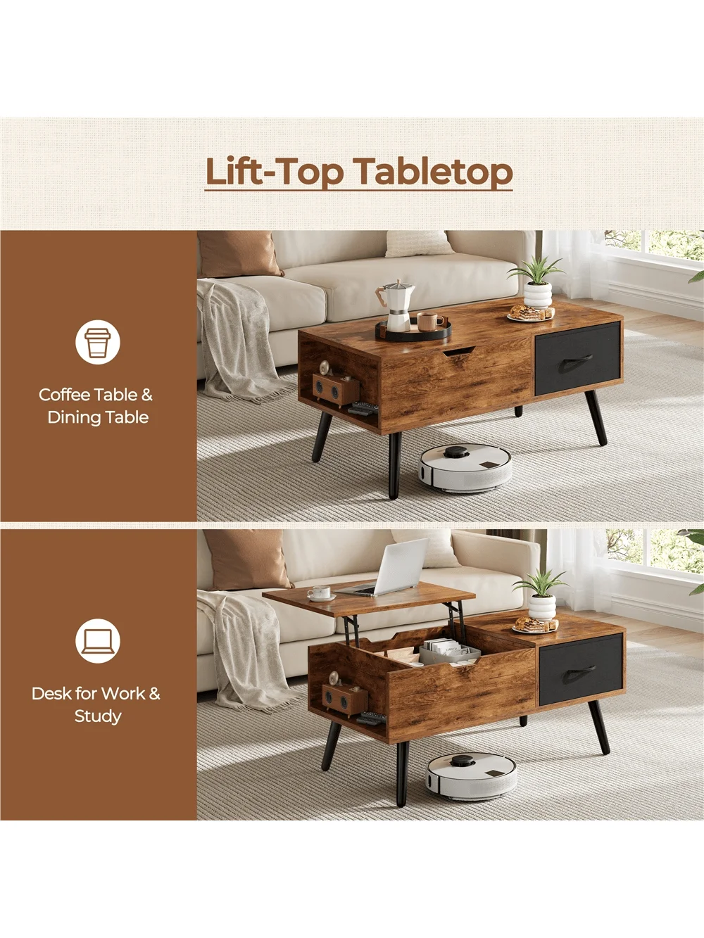 

Butterslay 1pc Industrial Lift Top Coffee Table With Storage, Height Adjustable Side Table With Shelves & Drawer & Hidden