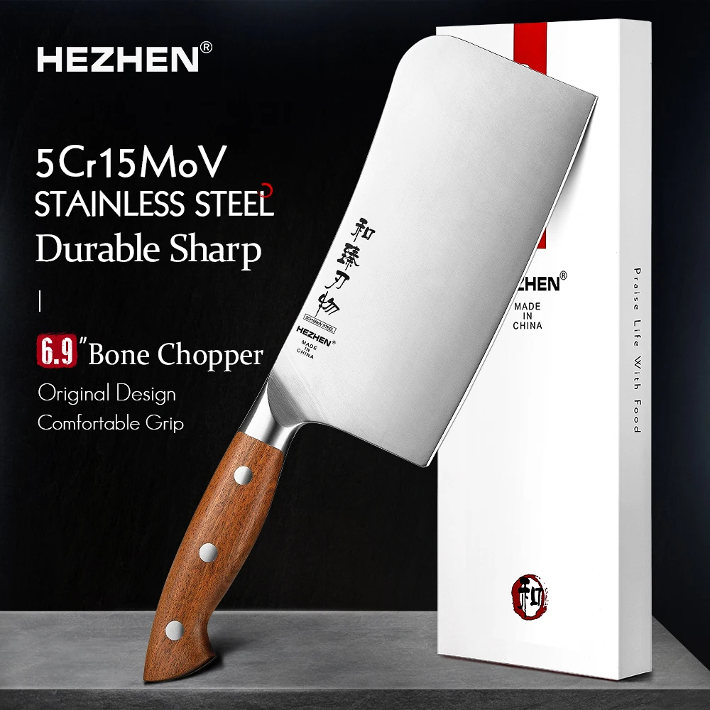 HEZHEN 6.9 Inches Bone Chopper Knife 1.4116 steel Red Wood Handle Cook Tools Chopping Kitchen Knife Accessories Box