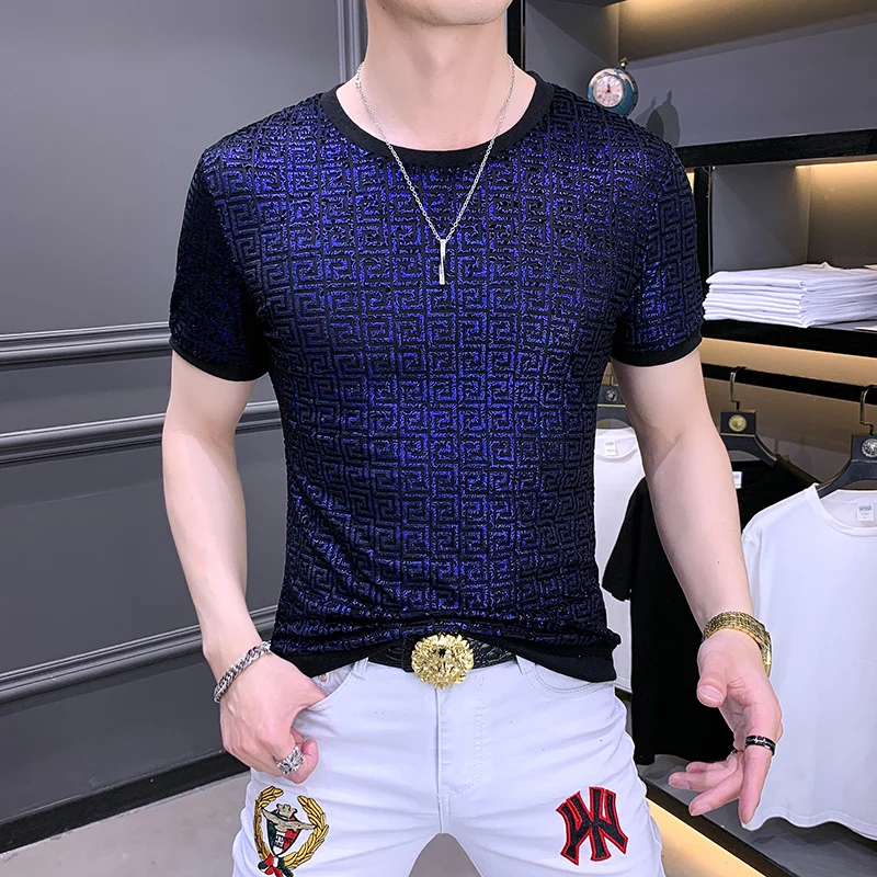 Velour Stretchy Premium Short Sleeved T Shirt For Men Slim Fit Summer High Quality Soft Comfortable Bronzing Camisetas De Hombre