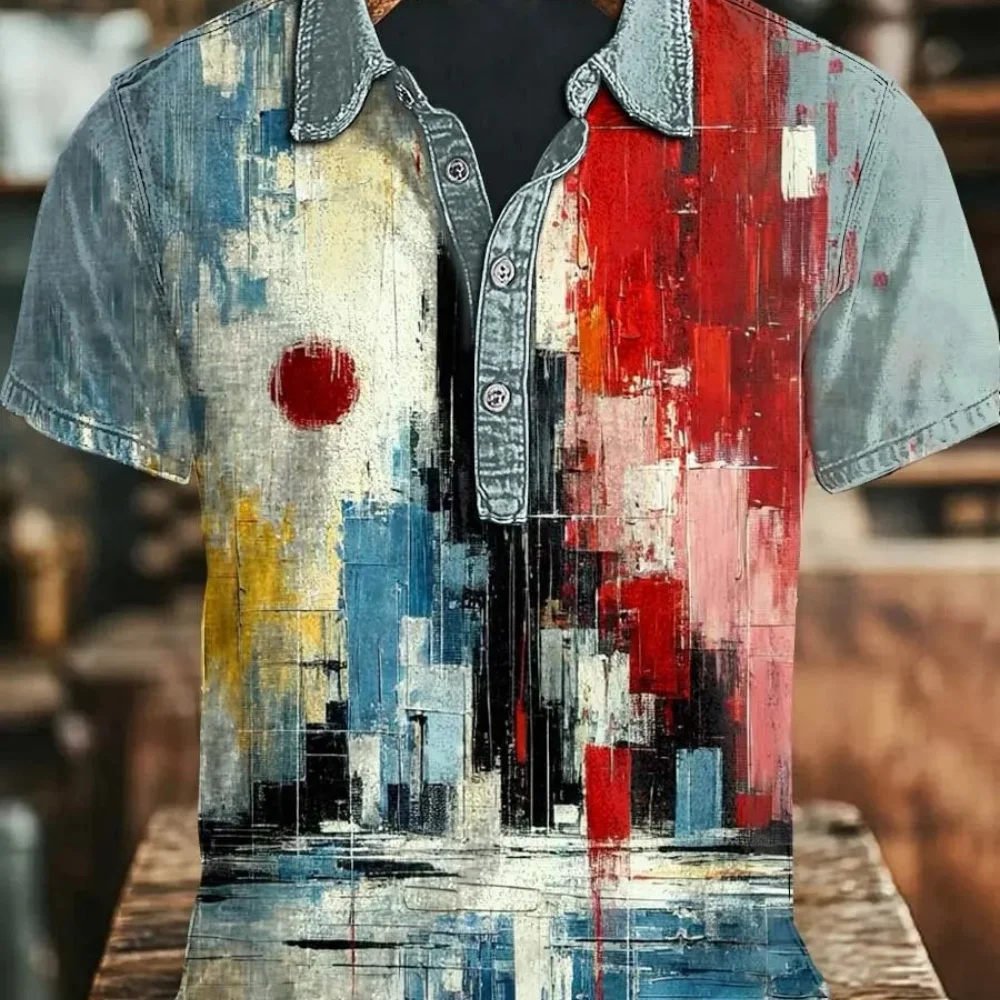 Men's Abstract Oil Painting 3D Print Polo Shirt Summer Short Sleeve Casual Artwork Henley Top Retro Streetwear