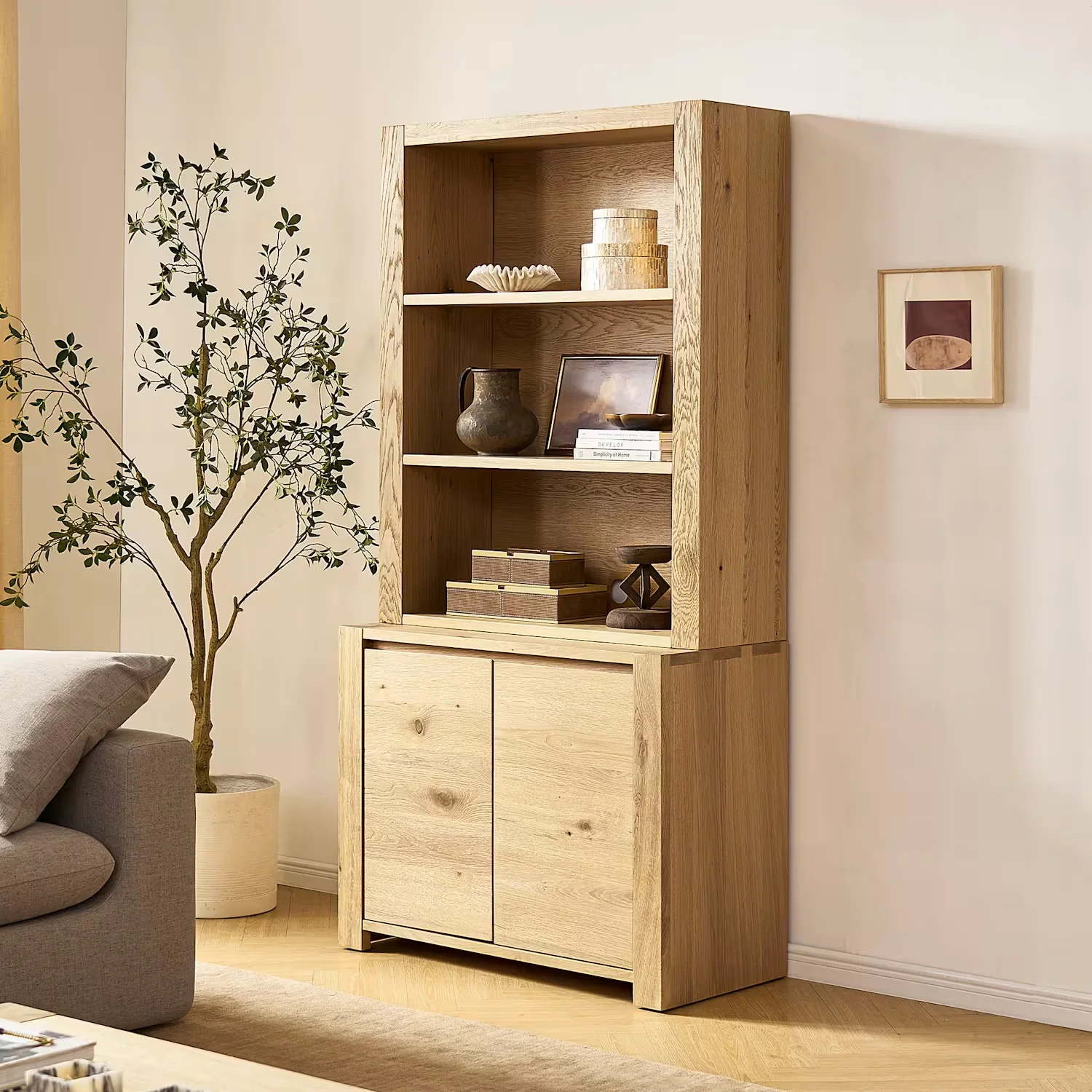 #Natural Oak Wall Mount Open Storage Cabinet, 3-Tier Floating Wooden Display Shelf for Dining Room