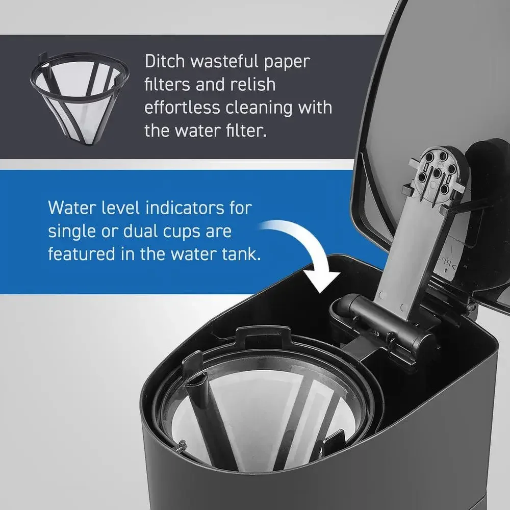 

Dual Stainless Steel Interior Coffee Maker with Travel Mugs 32oz Fresh Brew 1-Touch Ground Coffee Mesh Filter Auto-Shut Off 700W