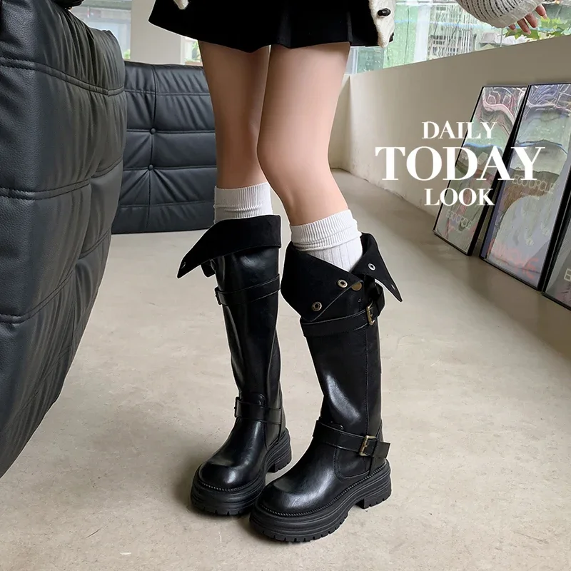 2026 new autumn winter women knee-high boots 22-25cm split leather upper round toe belt buckle long boots metal botton shoes