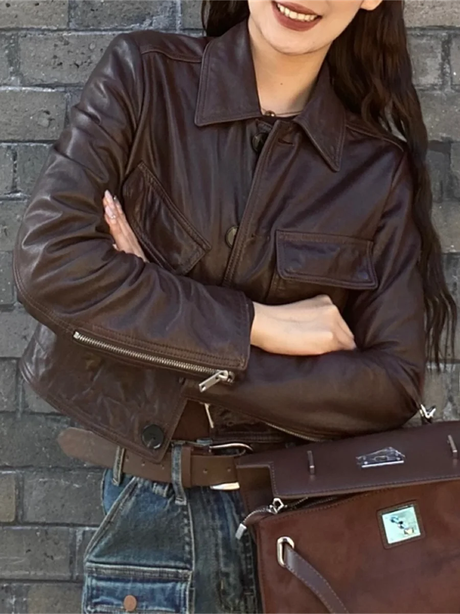 

2025 New Sle Double ket Irregular Genuine Leather Jaet Women's Turn-down Collar Single Button eepskin High-end Coat