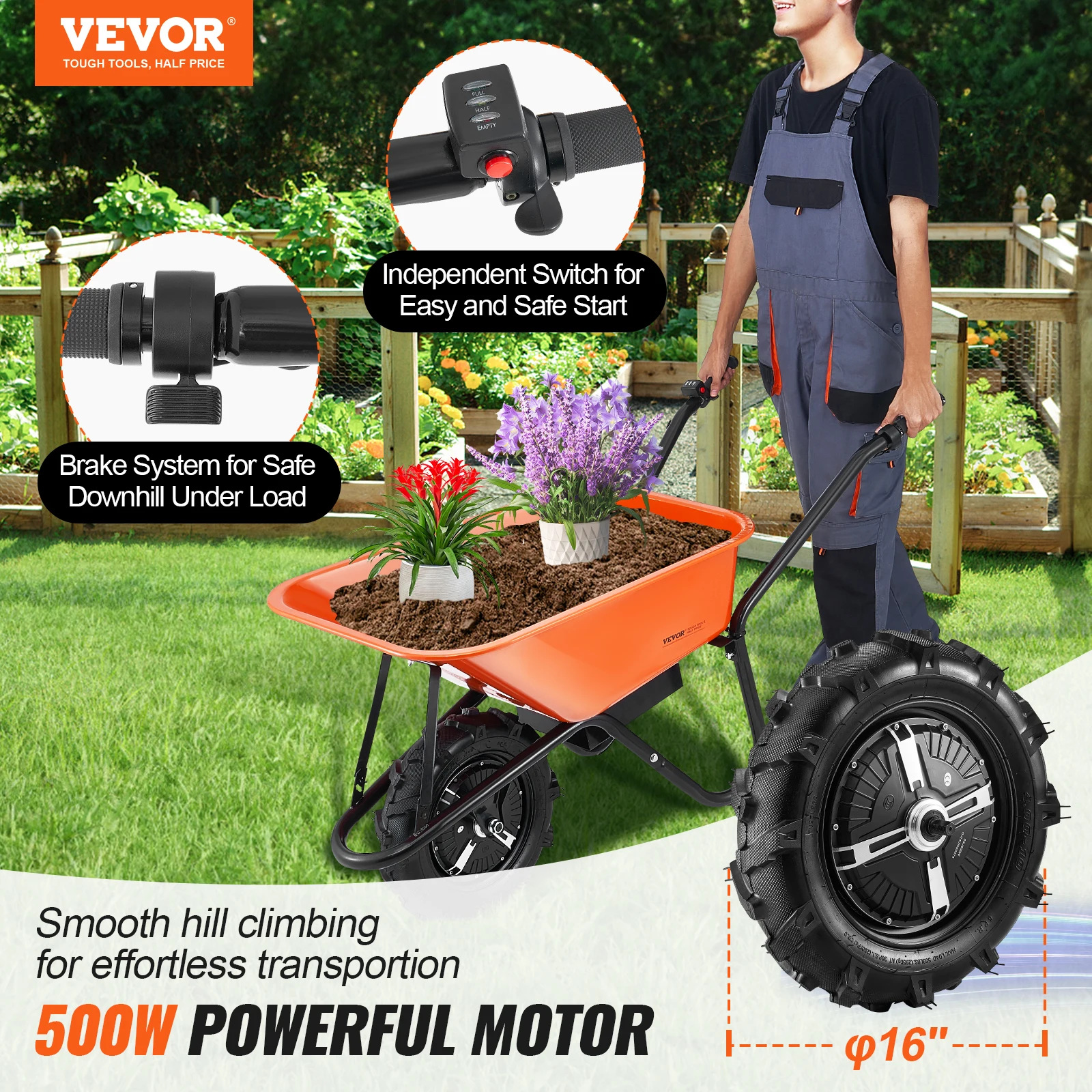 VEVOR Electric Wheelbarrow Cart, 500W Powered Utility Garden Wagon Dump Cart, 5 Cu. Ft. Load & 330 lbs Capacity , for Lawn Farm