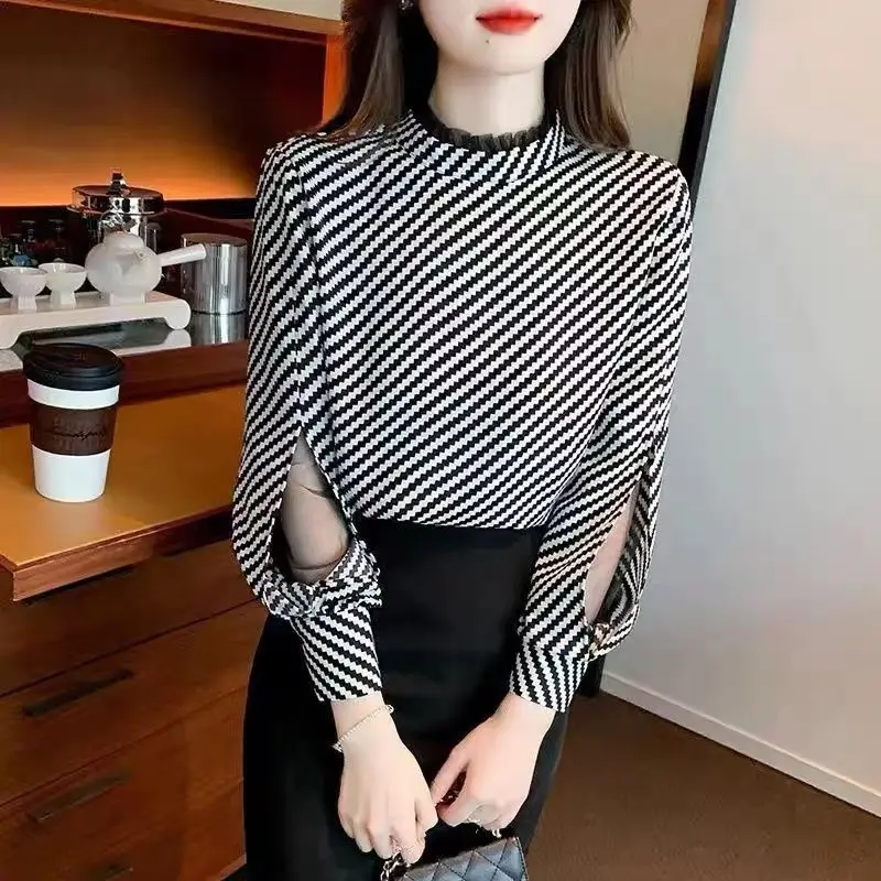 Women Korean Fashion Stand Collar Mesh Patchwork Blouses Elegant Chic Striped Print Shirts Long Sleeve Loose Tops Blusa De Mujer