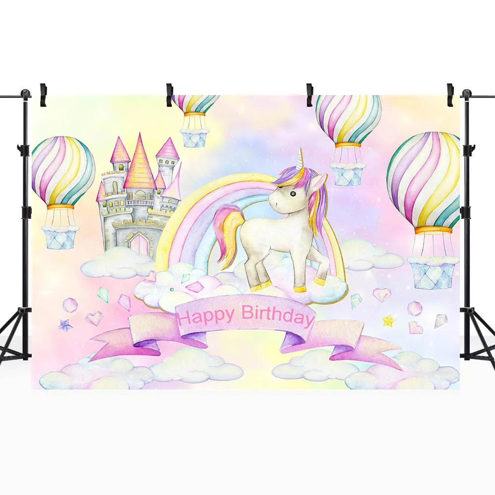 Unicorn Happy Birthday Backdrops Rainbow Hot Air Balloon Baby Birthday Party Background Custom Banner Photo Studio Props