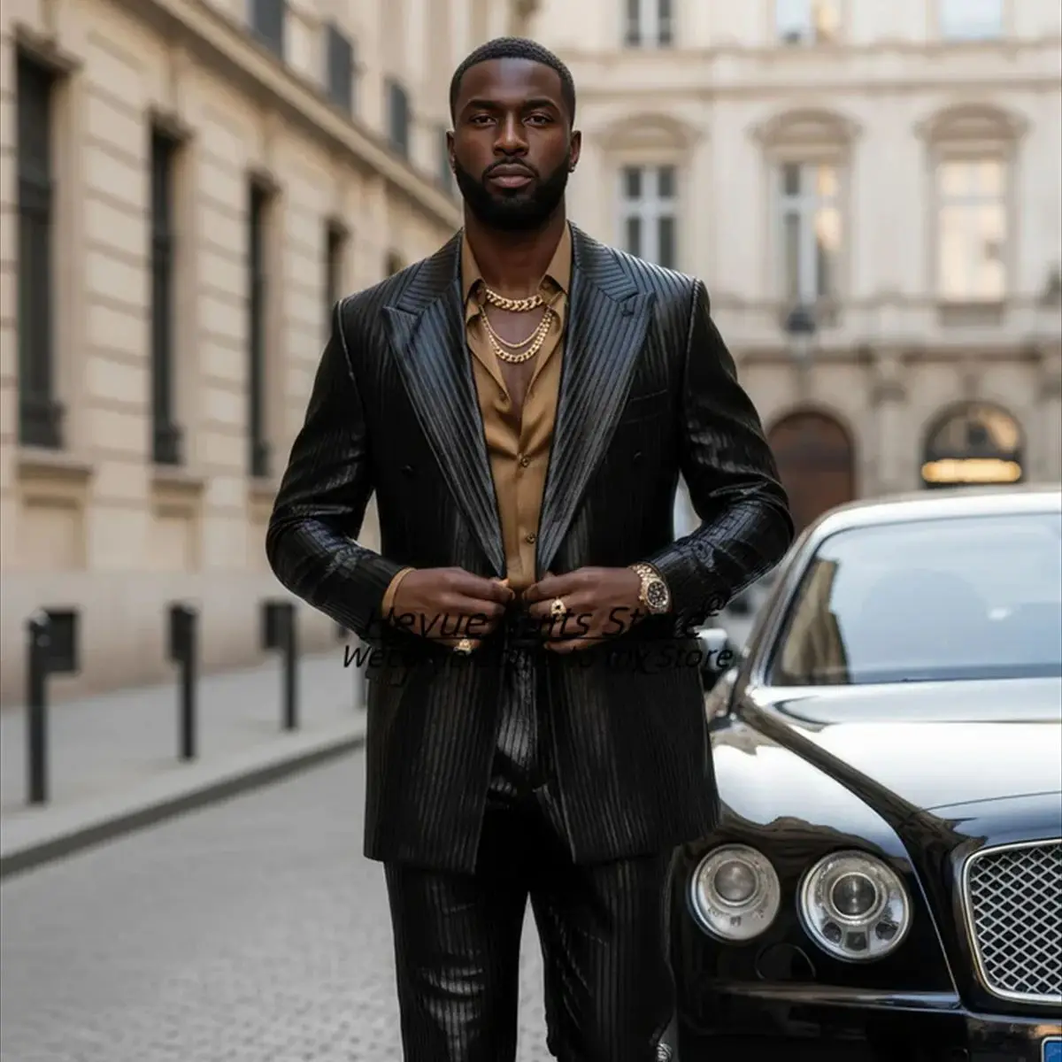 

Luxuly Black Stripe Men Suits Customized Slim Fit Peak Lapel Groom Wedding Tuxedos 2 Pieces Sets Male Prom Blazers Costume Homme