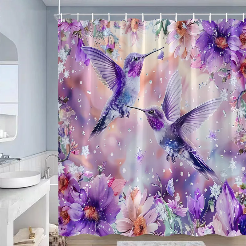 

Purple Floral Hummingbird Shower Curtains Butterfly Birds Flowers Plant Modern Polyester Home Bathroom Curtain Decor with Hooks