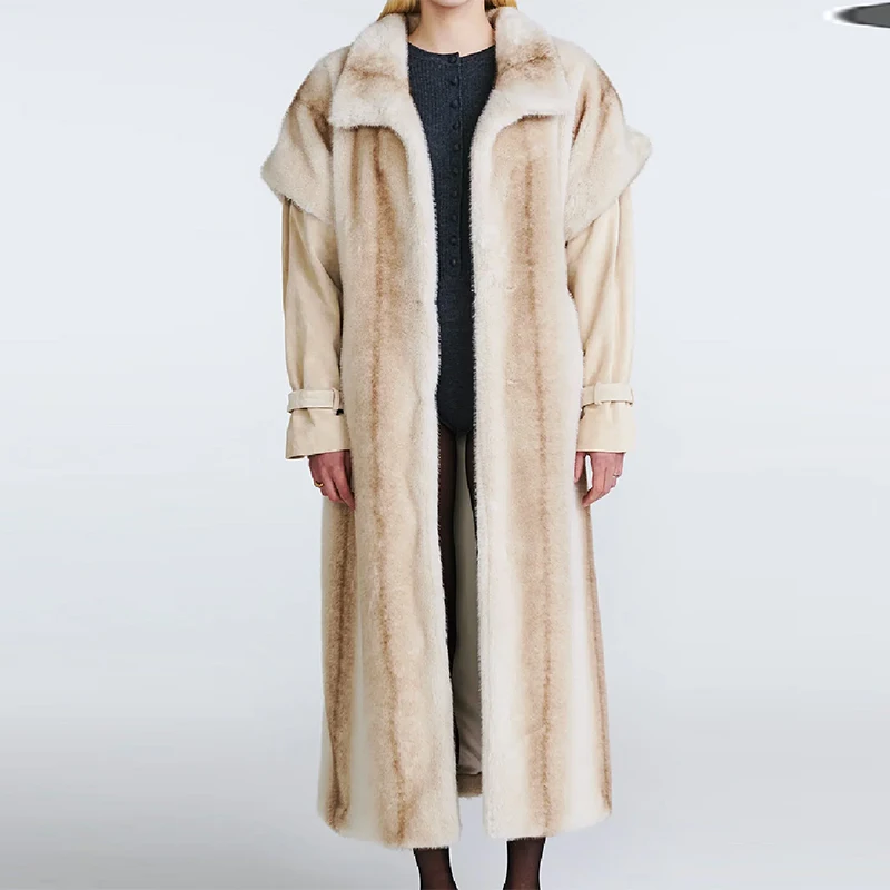 Women Cream Color Fuax Fur Long Coat Luxury Long Sleeved Adjustable Lace Up Jacket 2025 New Winter High Street Commute Overcoat