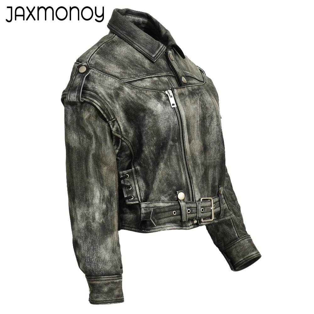 Jaxmonoy-Chaqueta de piel auténtica para mujer, abrigo de piel de oveja con manga extraíble, moda de primavera, 2023