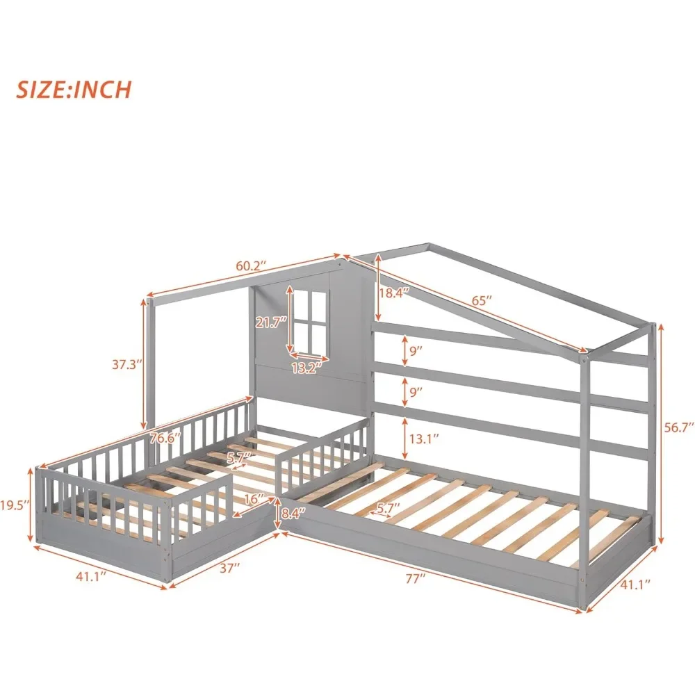 Solid Wood Twin Platform Beds Frame for 2 People, L Shaped Bed Frame with Roof, Twin Corner Bed House Beds for Kids