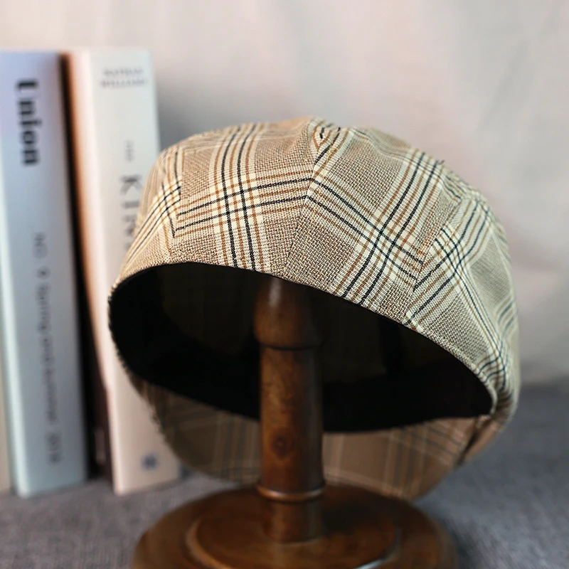 Spring Summer Linen Newsboy Cap New Beige Plaid Breathable Beret Men\'s Women\'s Literary Retro Hat England Hats Male Hats A-36