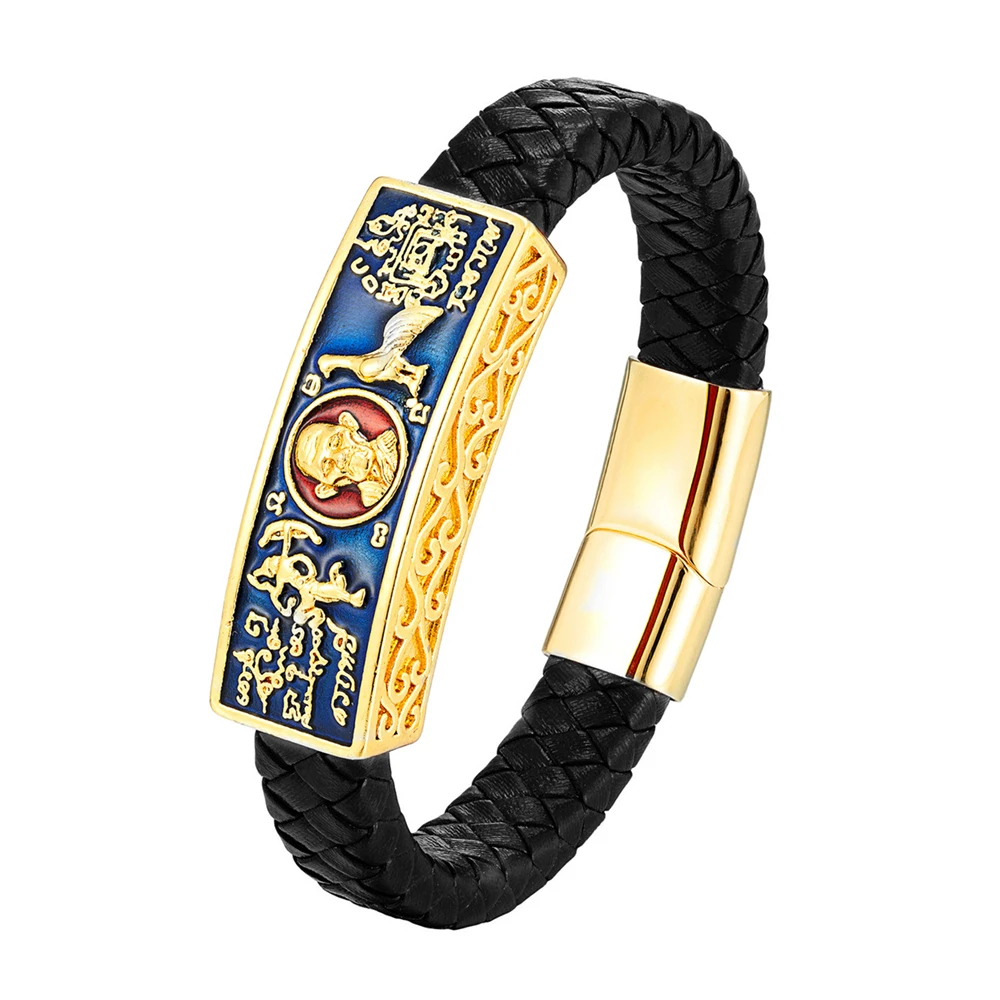 New Thailand Buddha Brand Long Po Rui Bracelet Religious Stainless Steel Bracelet Men And Women The Same Red Black Leather Rope