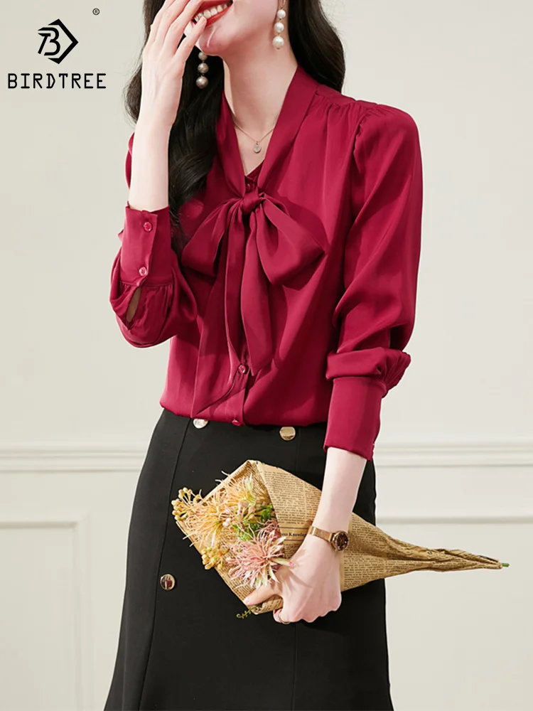 

BirdTree 19MM 91.8% Real Silk Elegant Shirt, Women Long Sleeve Bow Neck, OL Elegant Commute Blouses, 2024 Spring Summer T43356QM