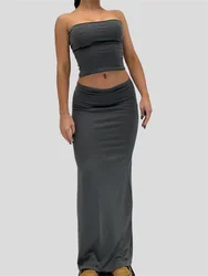 Chronstyle Vrouwen Sexy Solide 2 Stuks Rok Sets Strapless Off Shoulder Tube Tops Lange Rokken Zomer Outfits Y 2K Streetwear 2023