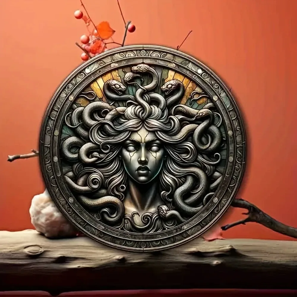 Vintage Medusa Gorgon Round Tin Sign, Retro Greek Mythology Serpent Head Themed Metal Wall Art Plaque, Waterproof Rustic Iron Pa