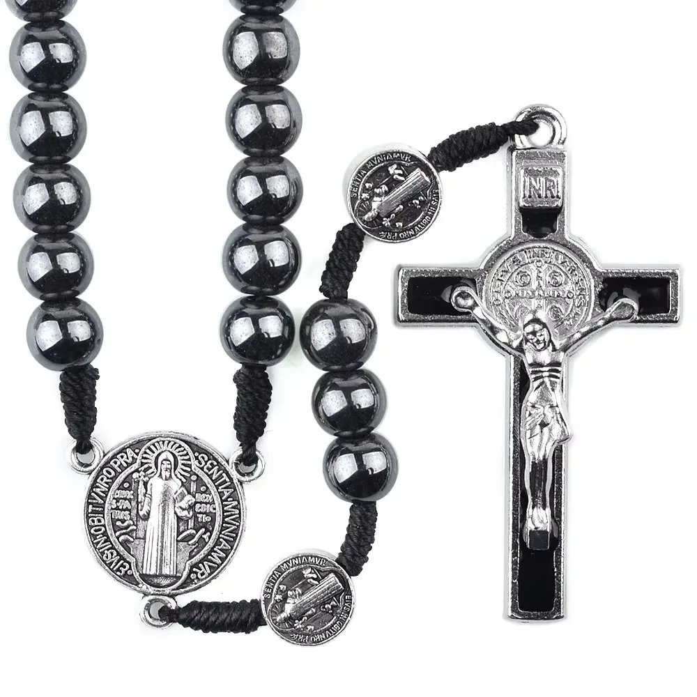 

Catholic Rosary Car Ornament Black Hematite Bead Saint Benedict Medal Jesus Cross Auto Decor Automotive Decal