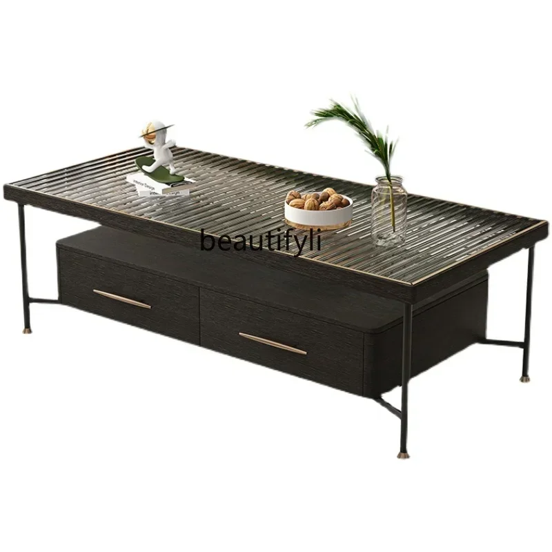 منتصف القديمة طاولة القهوة الخشبية الصلبة المنزل شقة صغيرة ضوء غرفة المعيشة الفرنسية خزانة ضوء الفاخرة تشانغهونغ طاولة شاي زجاجية #1