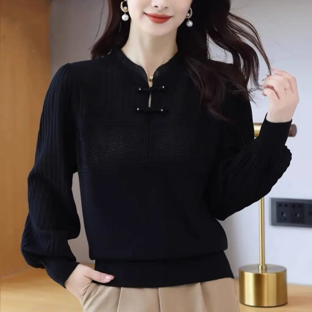 

Women's Autumn Cheongsam Collar Long Sleeve Knitted Top Fashionable Base Shirt Beautiful Sweater for This Year