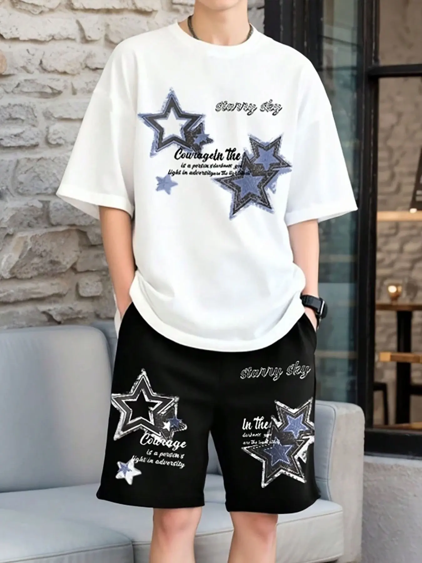 

Men's Casual Set Summer Fashion Comfortable Loose Street Style Vintage Star Print Short Sleeve T-Shirt with Pocket Shorts