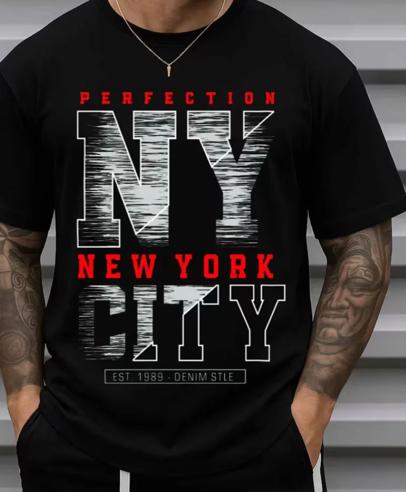 Men's NY Perfection Tee T-Shirt - Black Short Sleeve Round Neck Casual Shirt with Minimalist NY All-Season Office, Parties Gift