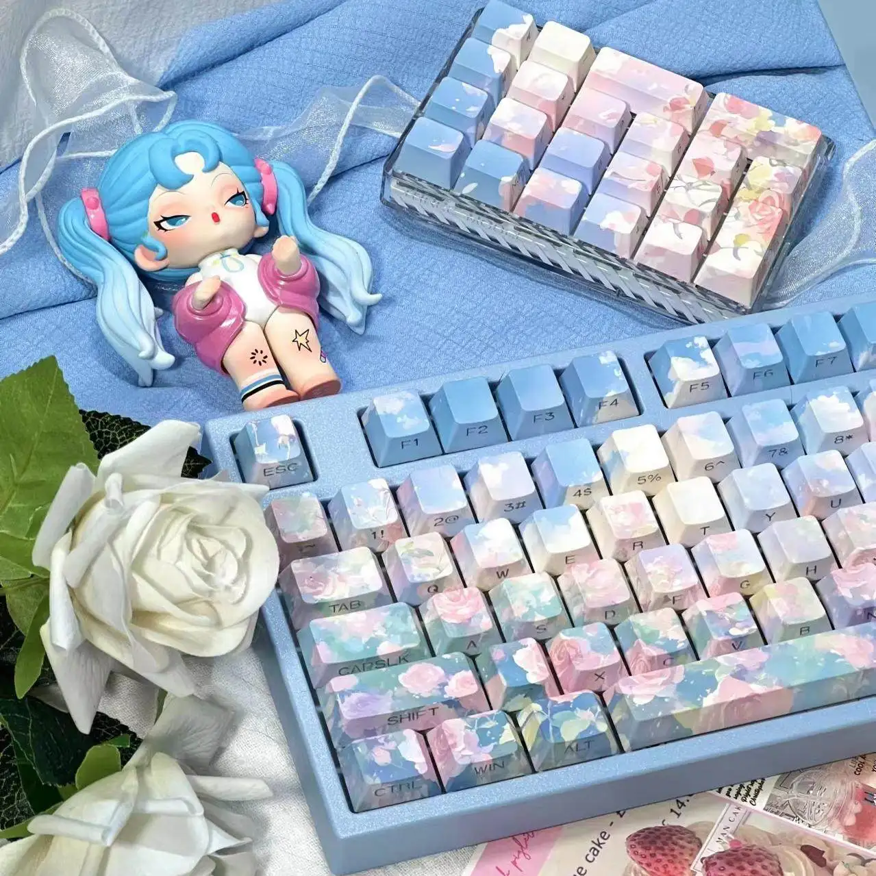 

120 Keys Cute Rose Garden PBT Cherry Keycaps Cute Keycap Gift for Dye Sublimation Translucent Keycap for Made68 Mad68 Wooting 60
