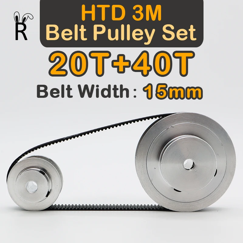 

20Teeth+40Teeth HTD 3M Belt Pulley Set 20T 40T 3M Pulleys Synchronous Wheels Kit Belt Width 15mm 40Teeth HTD3M Timing Pulley Set