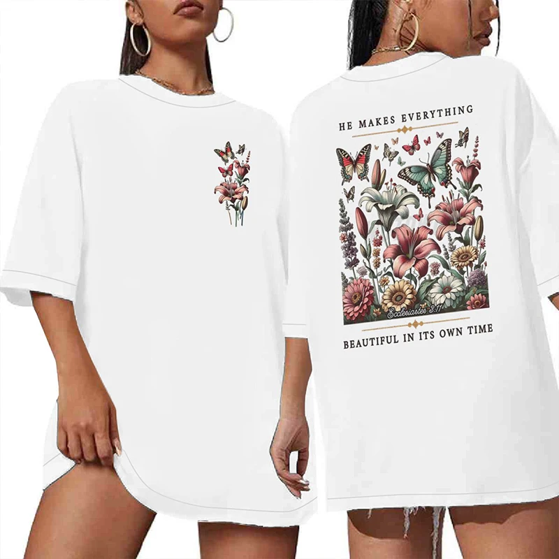 Wildflower He Makes Everything Beautiful In Its Own Time Print T-shirts Women Summer Short Sleeve Round Neck Oversized T Shirts