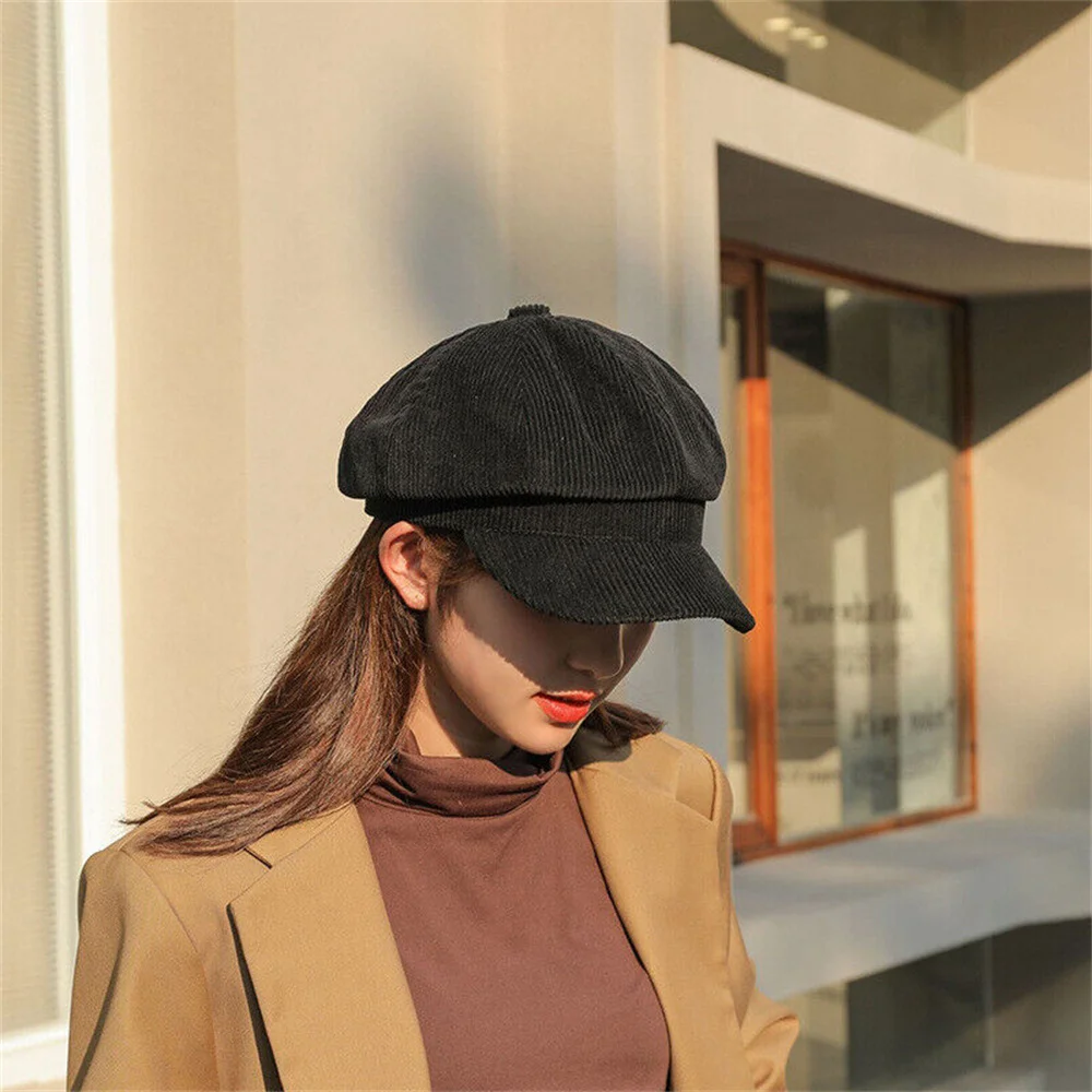 Corduroy Octagonal Hats Retro Solid Color Women Beret Winter Autumn Newsboy Hat Vintage Literary Corduroy Cap Ladies Painter Hat