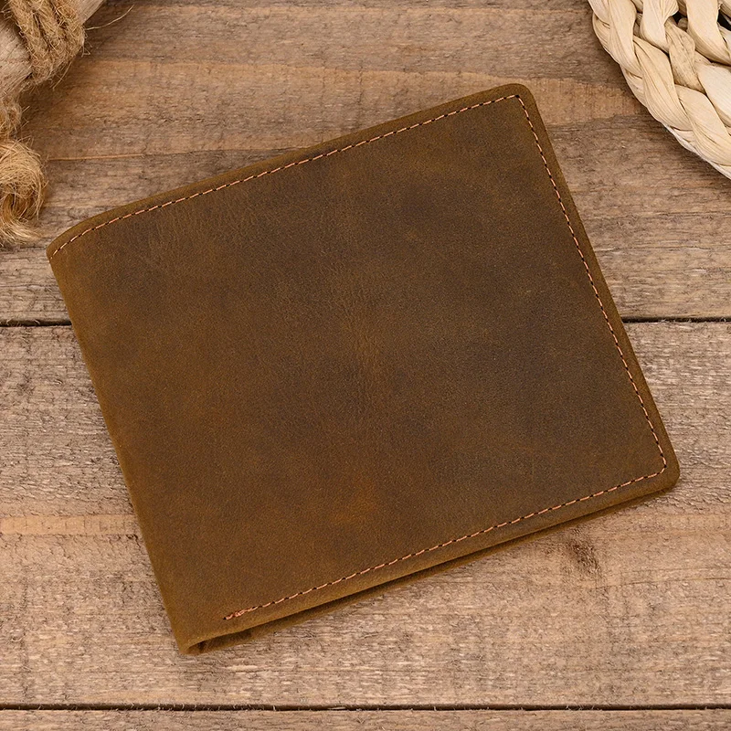 Men Genuine Leather Pocket Wallet Card Holder Sling Cow Leather Purse For Men Brown Retro Crazy Horse Leather Casual Short Purse